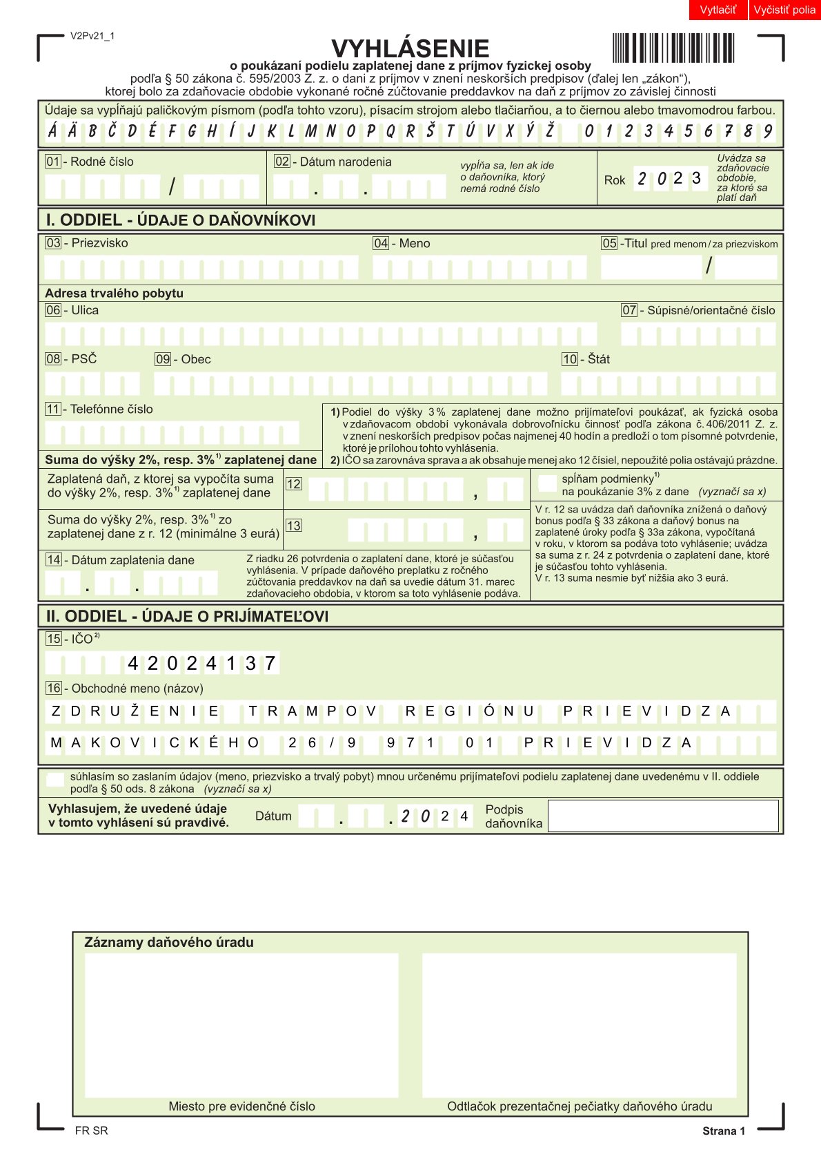 Tlačivo na 2% z daní pre ZTR-P